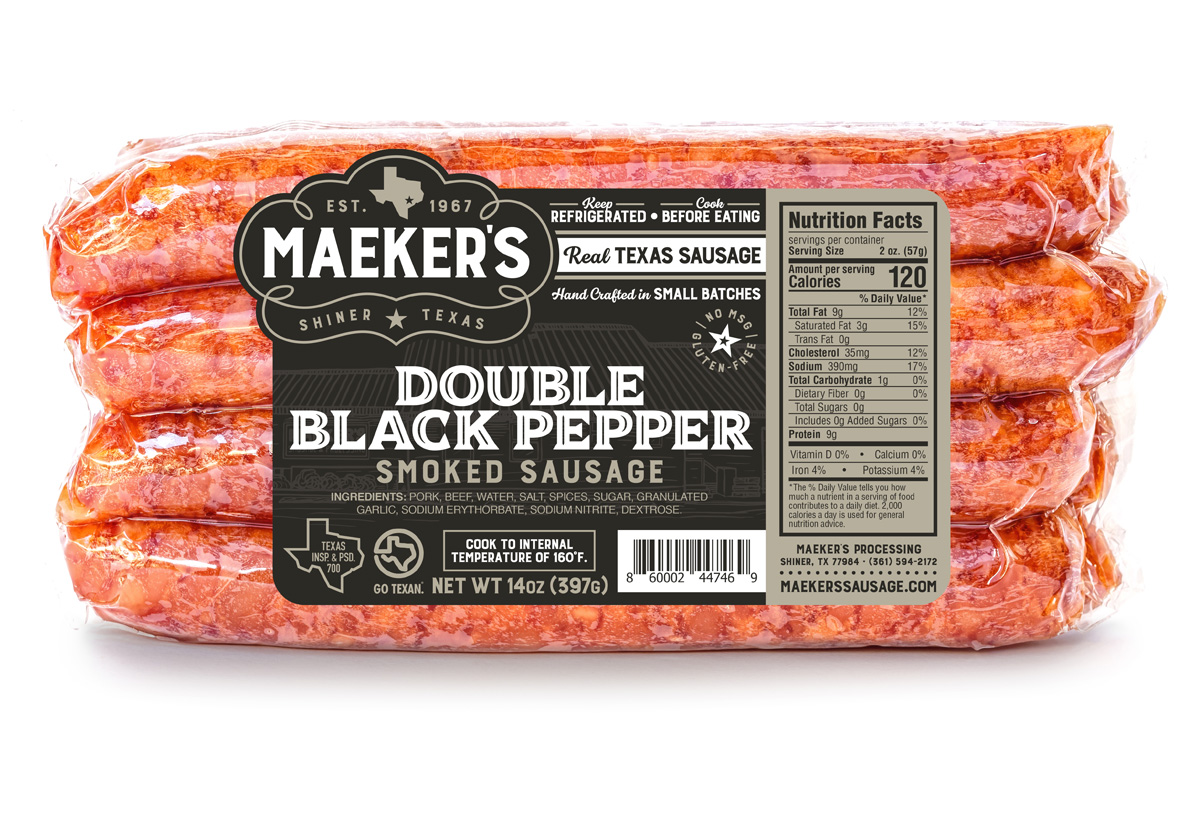 maeker's double black pepper sausage package design by beau morrow for left hand design in austin texas