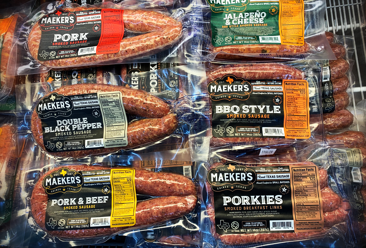 maeker's sausage package design in display by beau morrow for left hand design in austin texas