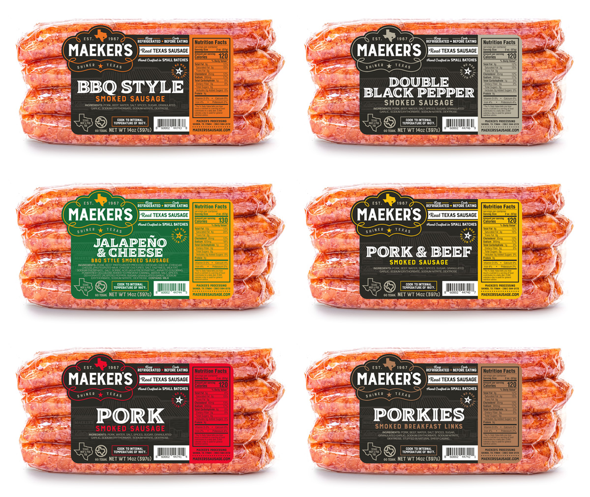 maeker's sausage package design family by beau morrow for left hand design in austin texas