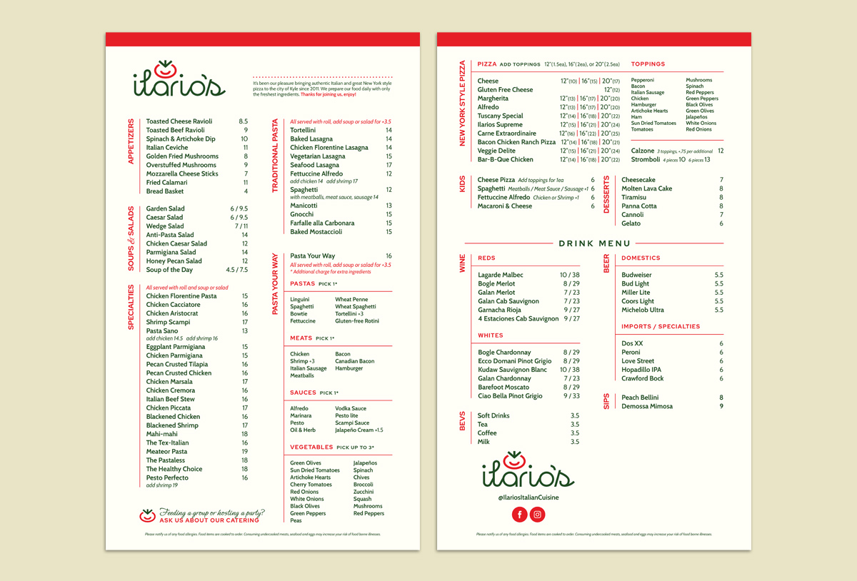 Ilario's Italian restaurant menu design by beau morrow for left hand design in austin texas