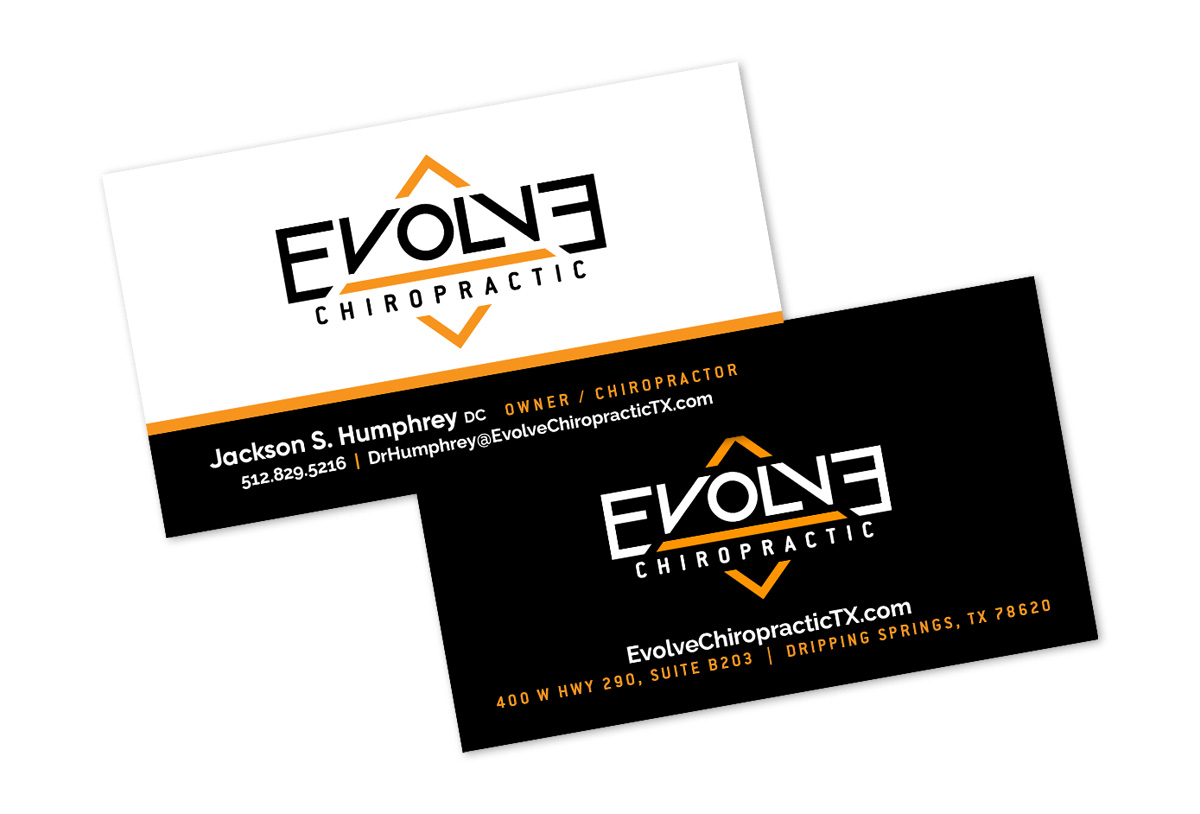 evolve chiropractic business card design by beau morrow for left hand design in austin texas