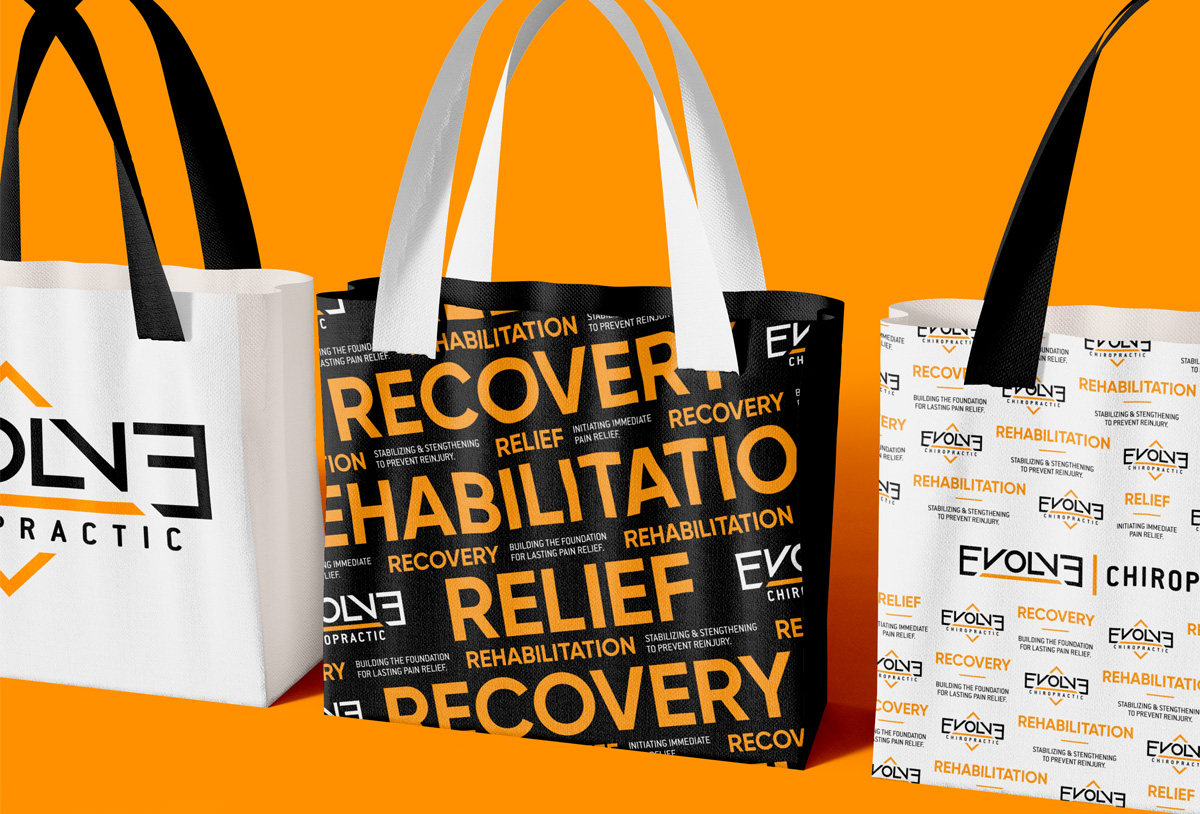 evolve chiropractic tote bag design by beau morrow for left hand design in austin texas