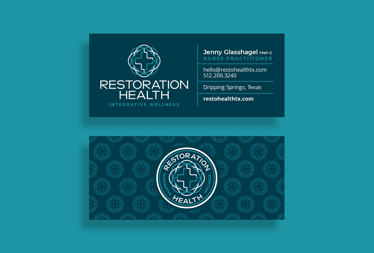 restoration health healthcare business card design by beau morrow for left hand design in austin texas