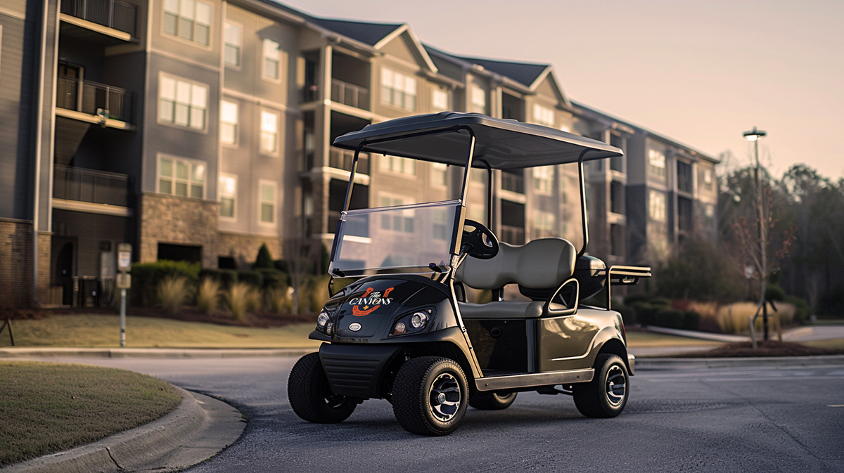 the canyons apartment complex logo design on golf cart by beau morrow for left hand design in austin texas