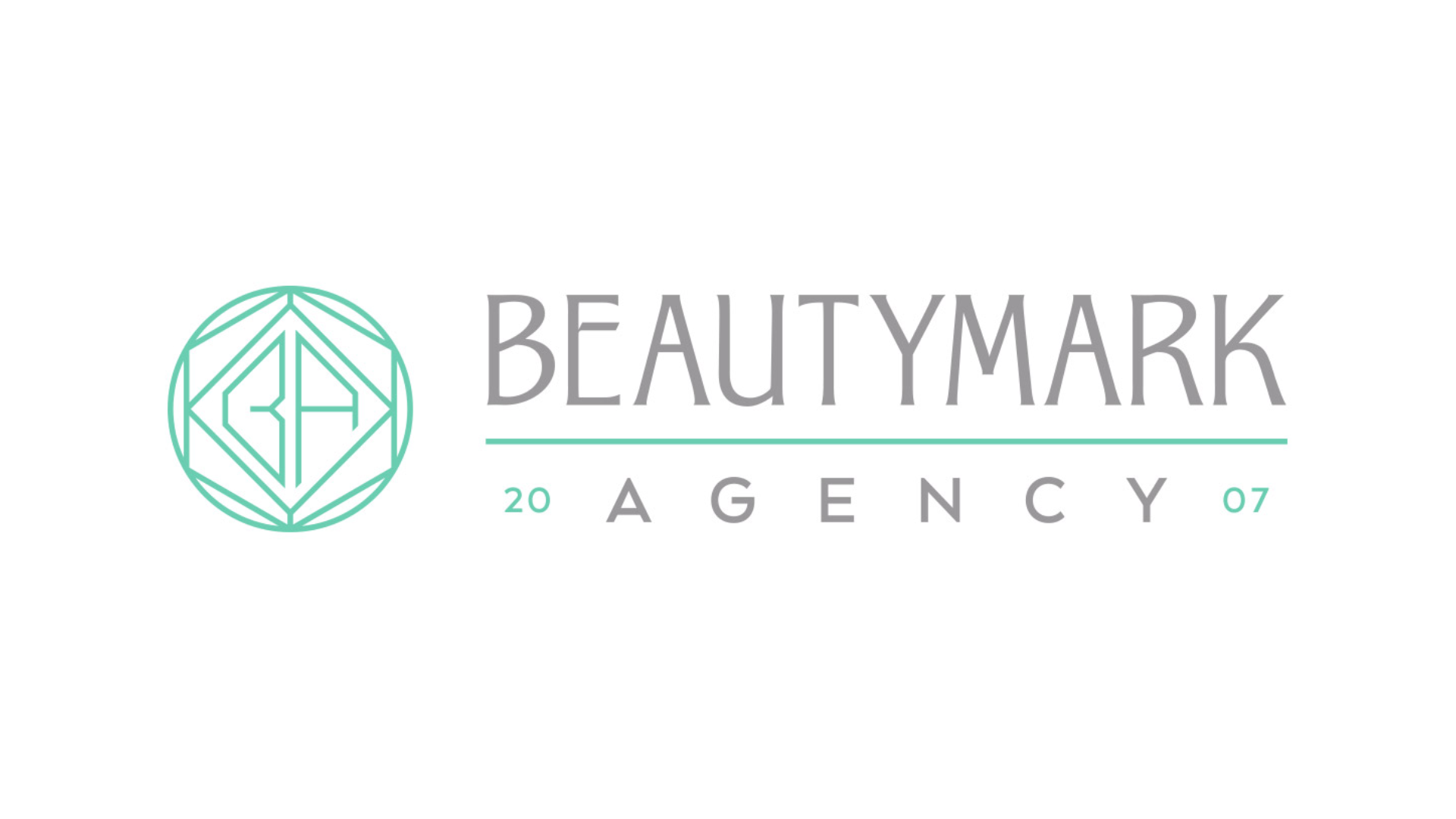 Logo for Beautymark Agency featuring elegant gray typography with the word "BEAUTYMARK" above a mint green line, underlined by “AGENCY” and the founding year “2007.” A circular geometric emblem with the initials "BA" in mint green appears to the left, combining modern and stylish branding elements.