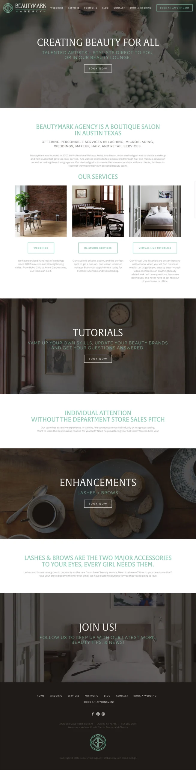 Full-page screenshot of the Beautymark Agency website showcasing a boutique salon based in Austin, Texas. The site highlights services like weddings, in-studio appointments, virtual tutorials, and beauty enhancements including lashes and brows, with elegant typography, calming imagery, and clear calls to action throughout.