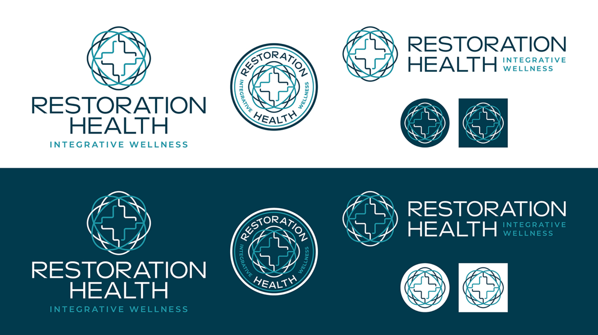 restoration health healthcare brand design by beau morrow for left hand design in austin texas. A brand board displaying multiple logo variations for Restoration Health Integrative Wellness. Designs include horizontal, circular, and icon-only formats in teal and navy color schemes, all centered around a stylized medical cross enclosed in an abstract interwoven circle.