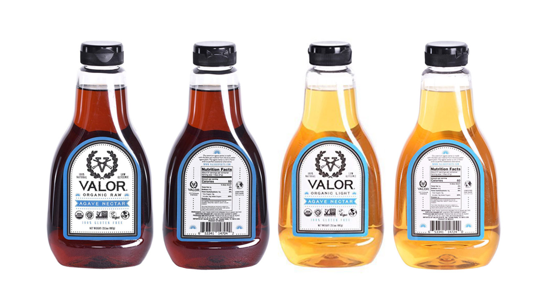 Four bottles of Valor Organic Agave Nectar, two labeled "Organic Raw" with dark amber liquid and two labeled "Organic Light" with golden yellow liquid. Each bottle features a detailed label with a wreath and “V” logo, nutritional facts, and claims like “100% Natural,” “Low Glycemic,” and “100% Gluten Free,” emphasizing the product’s organic and health-conscious qualities.