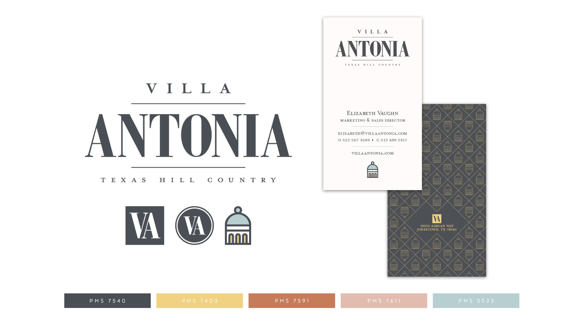 Brand identity suite for Villa Antonia, a venue in Texas Hill Country, featuring a refined serif logo with classic typography and supporting icons including a domed architectural element and “VA” monograms. The design includes a business card mockup and a color palette with muted tones like slate gray (PMS 7540), soft gold, rust, blush, and aqua, conveying elegance and a rustic-modern charm.