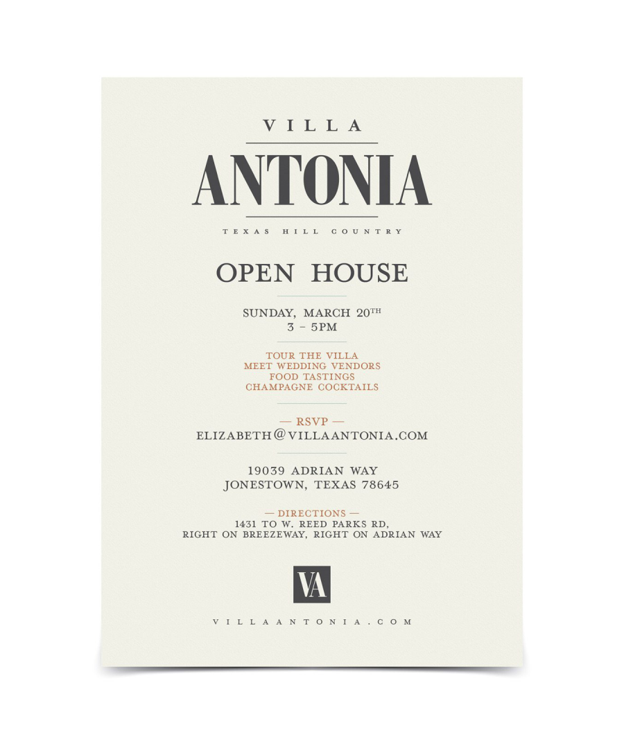Elegant open house invitation for Villa Antonia in Texas Hill Country, featuring classic serif typography with event details such as date, time, and activities like villa tours, food tastings, and champagne cocktails. The design includes RSVP contact info, the venue address in Jonestown, TX, and a minimalist "VA" monogram at the bottom.