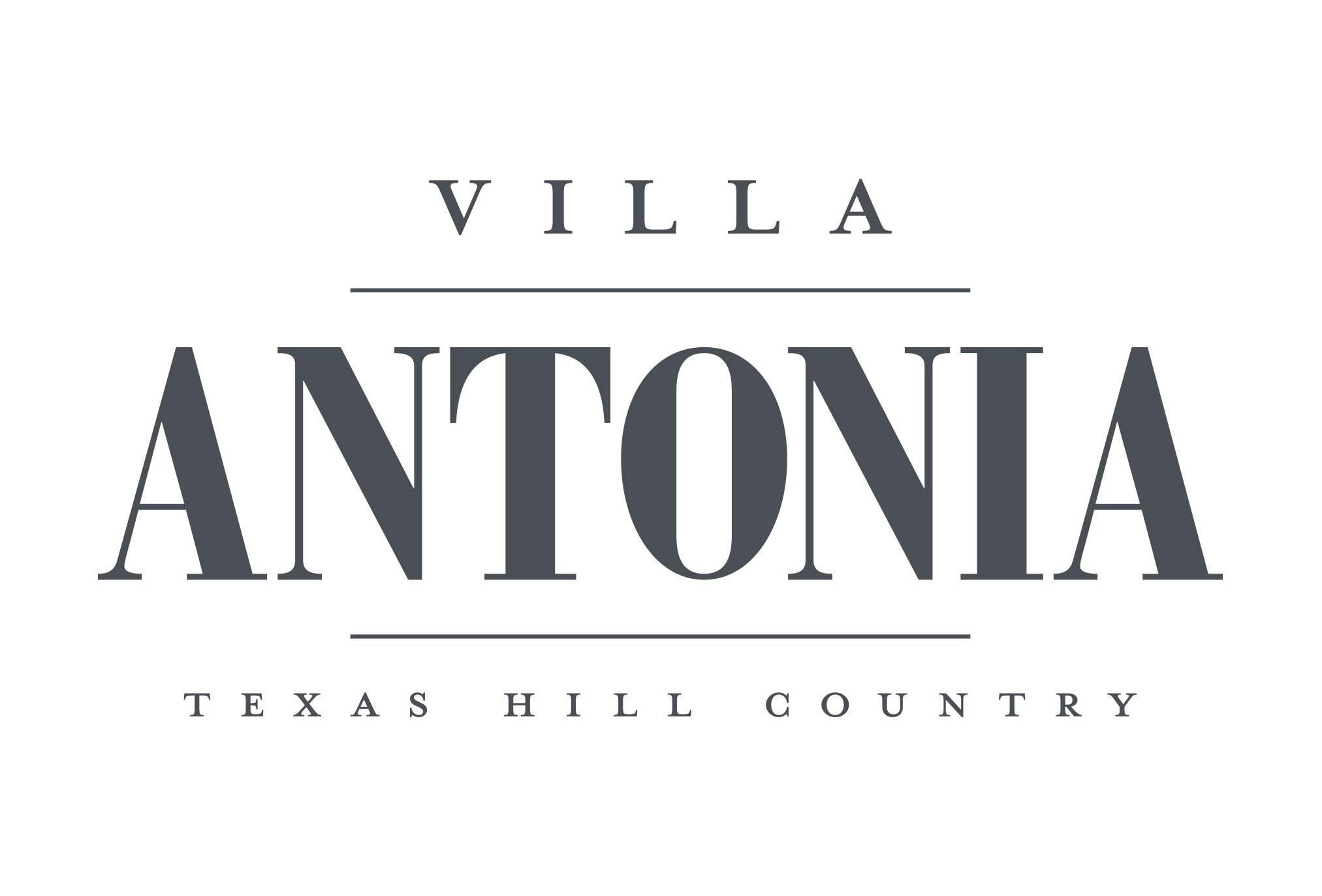 Logo for Villa Antonia featuring elegant serif typography in charcoal gray with the words "VILLA" and "TEXAS HILL COUNTRY" flanking the larger “ANTONIA” text. The design uses horizontal lines to separate each section, creating a refined and timeless visual identity.
