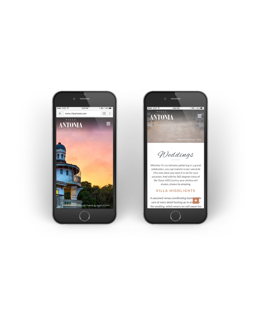 Two smartphones display the mobile website for Villa Antonia. The left screen shows the villa’s tower against a colorful sunset, while the right screen highlights the “Weddings” section with elegant text describing the venue’s flexibility and scenic Texas Hill Country views for memorable celebrations.