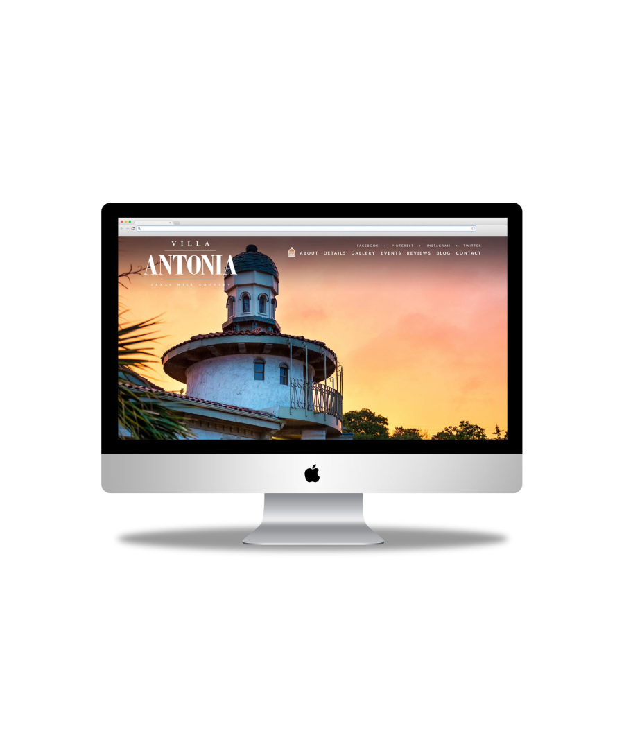 Desktop display of the Villa Antonia website homepage, showcasing a striking image of the villa’s domed tower set against a vibrant sunset sky. The navigation bar across the top offers links to sections like About, Details, Gallery, Events, and Contact, emphasizing the venue’s elegant branding and scenic Texas Hill Country location.