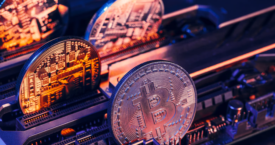 Cryptocurrency Coins on Computer Electronic Circuit Board