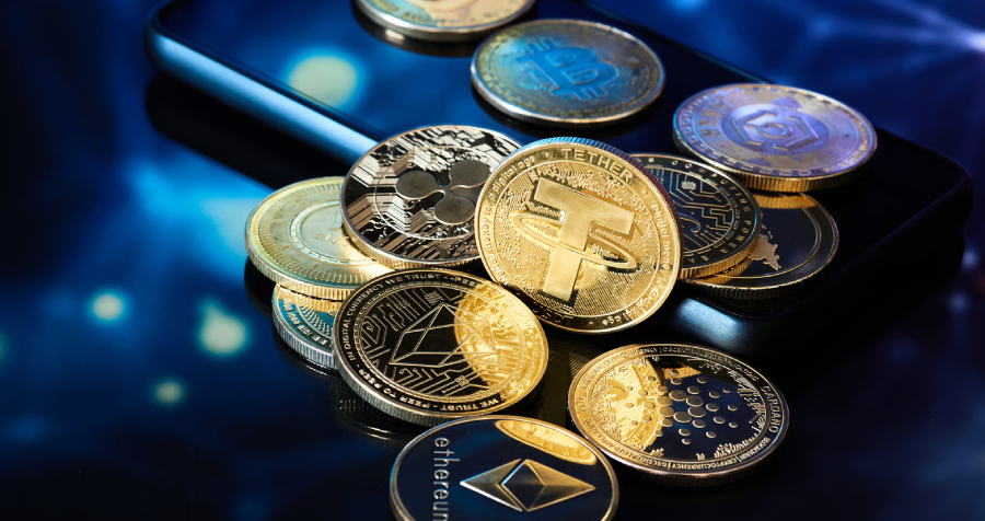 Cryptocurrency Coins on a Smartphone in Dim Lighting