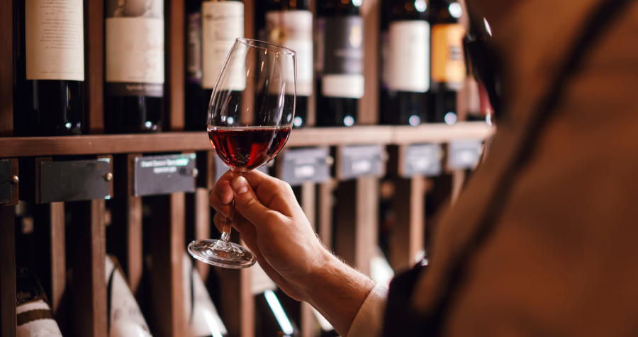 Man Holds Glass of Red Wine at Store