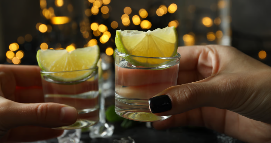 Two Shot Glasses with Limes with Blurred Background