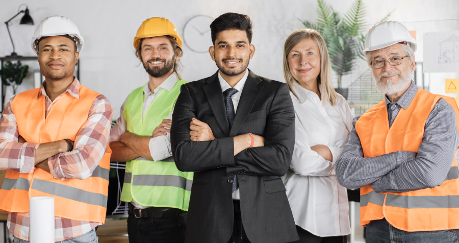 A group of five architects and engineers confidently pose in a modern office setting.