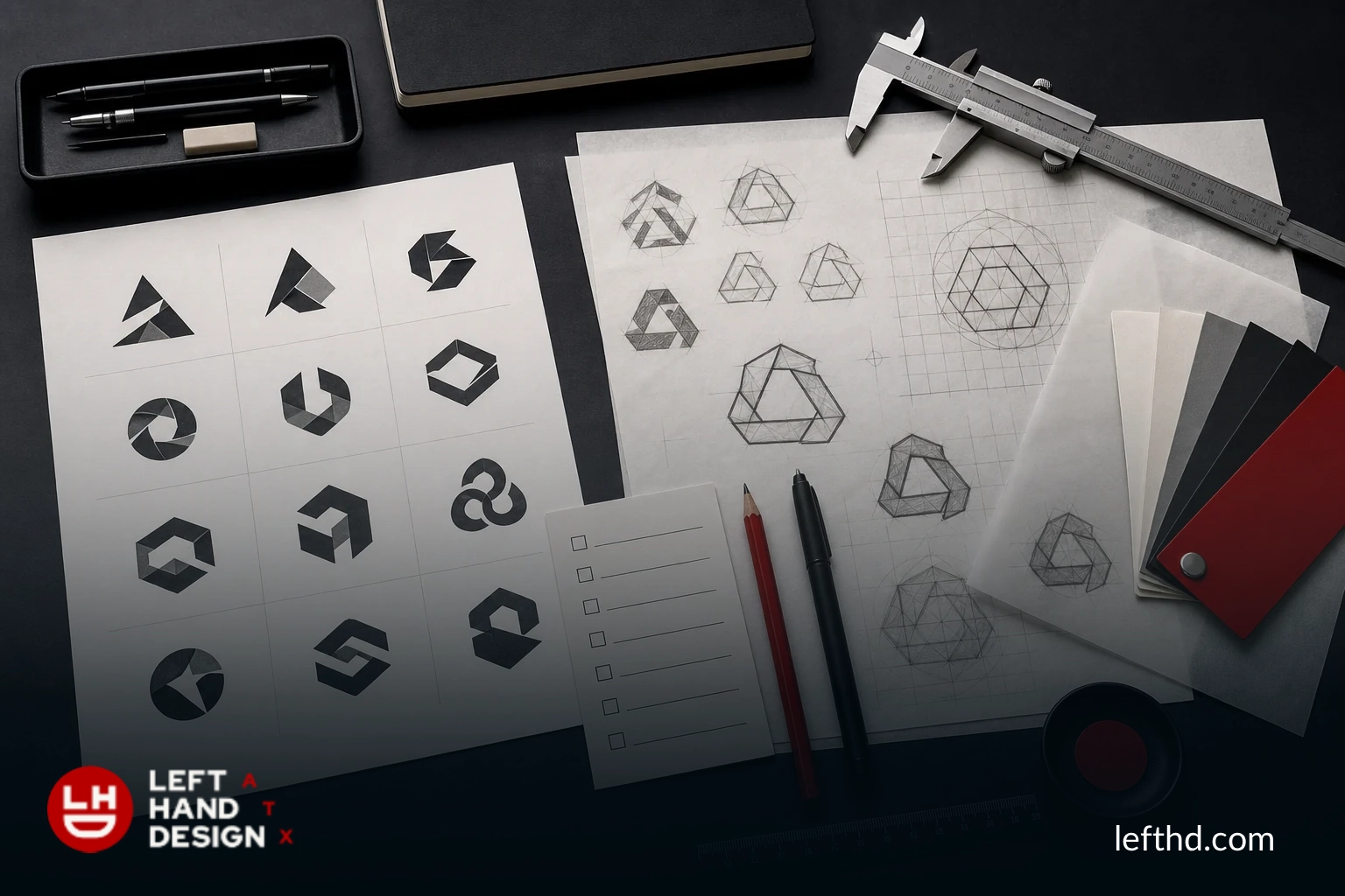 Fictional AI logo options compared with human sketches, geometry studies, and a blank evaluation checklist