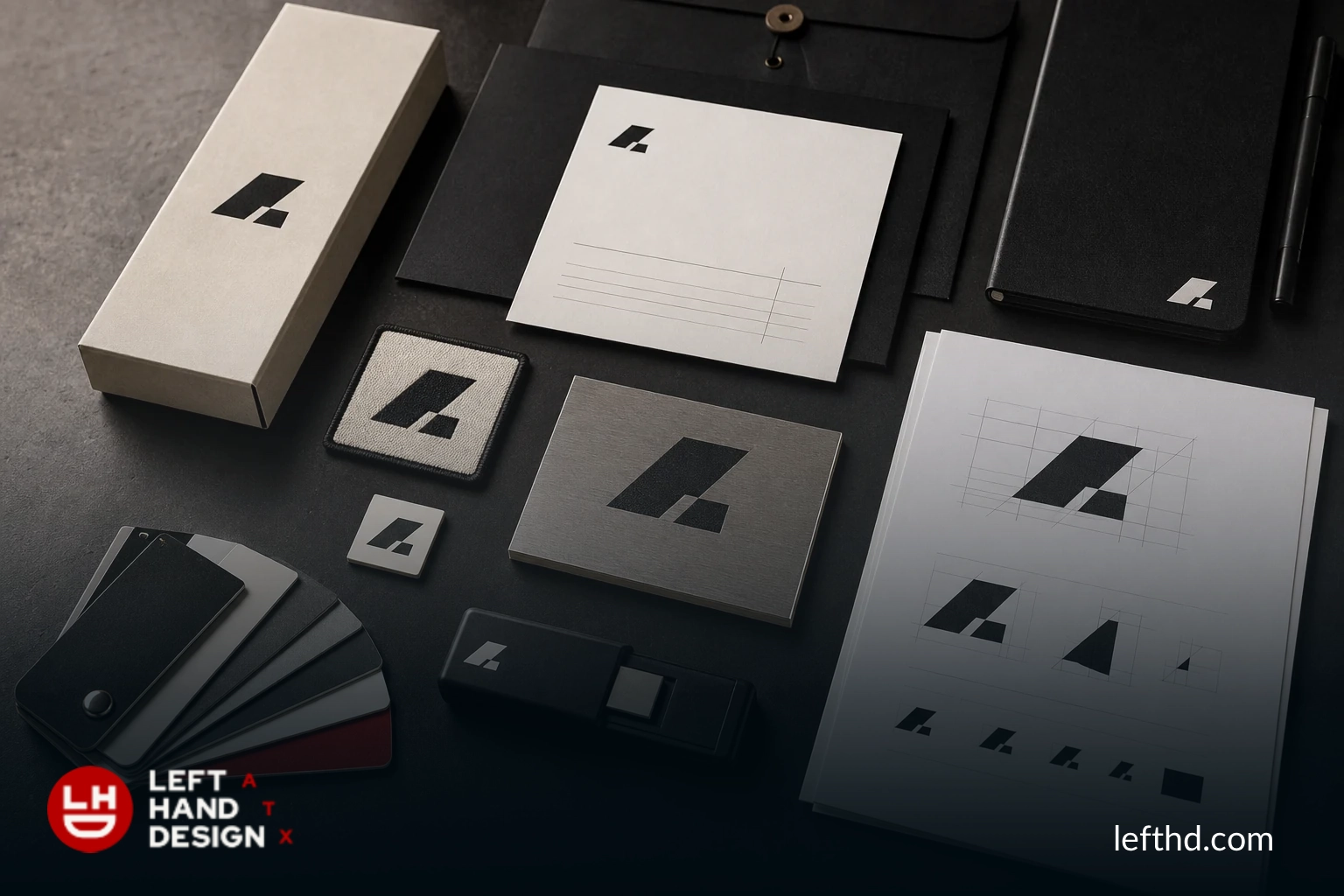 Fictional logo system applied consistently to packaging, stationery, embroidery, signage, color swatches, and vector proof sheets