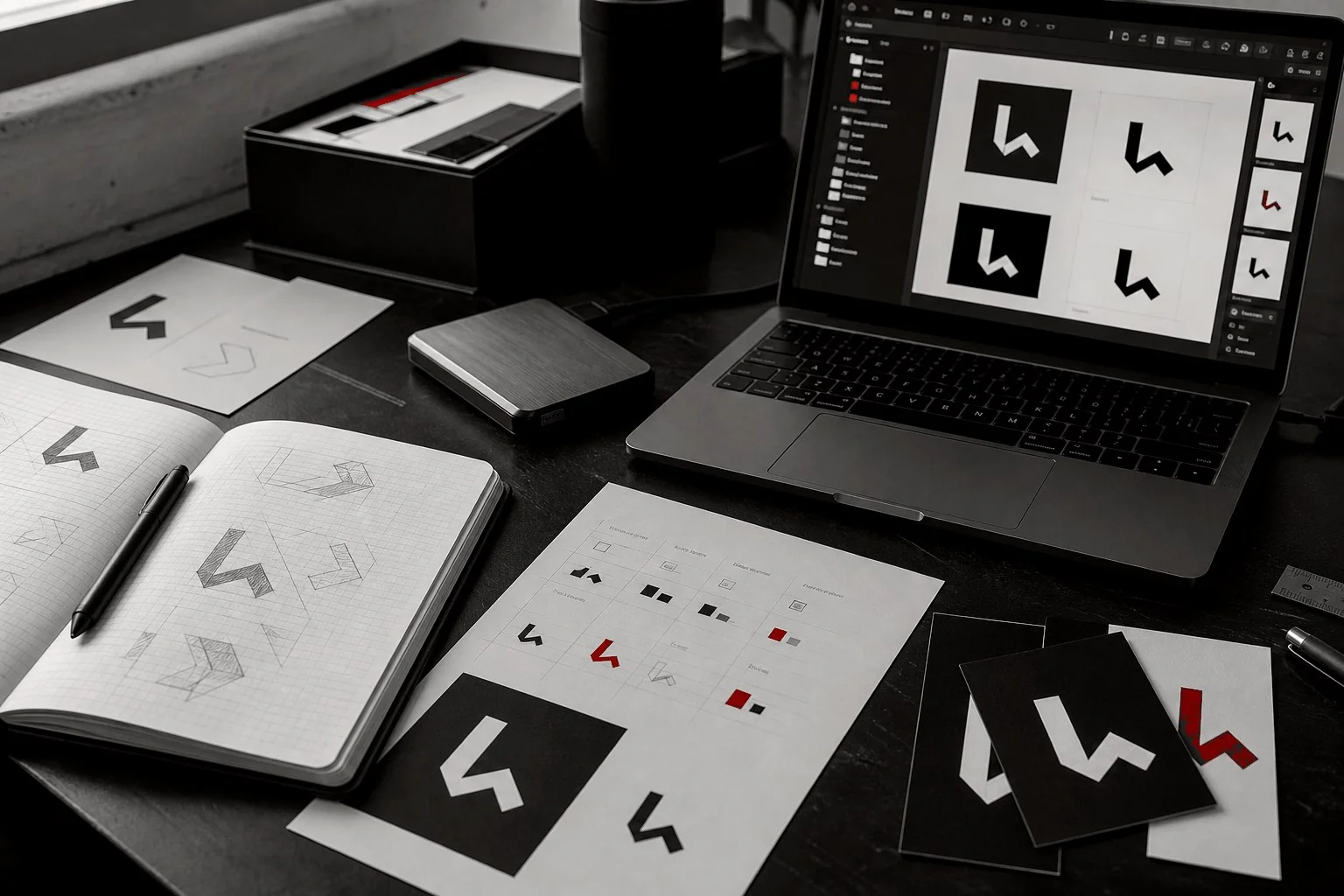 Designer desk with logo sketches, vector artboards, printed logo variations, and file handoff materials