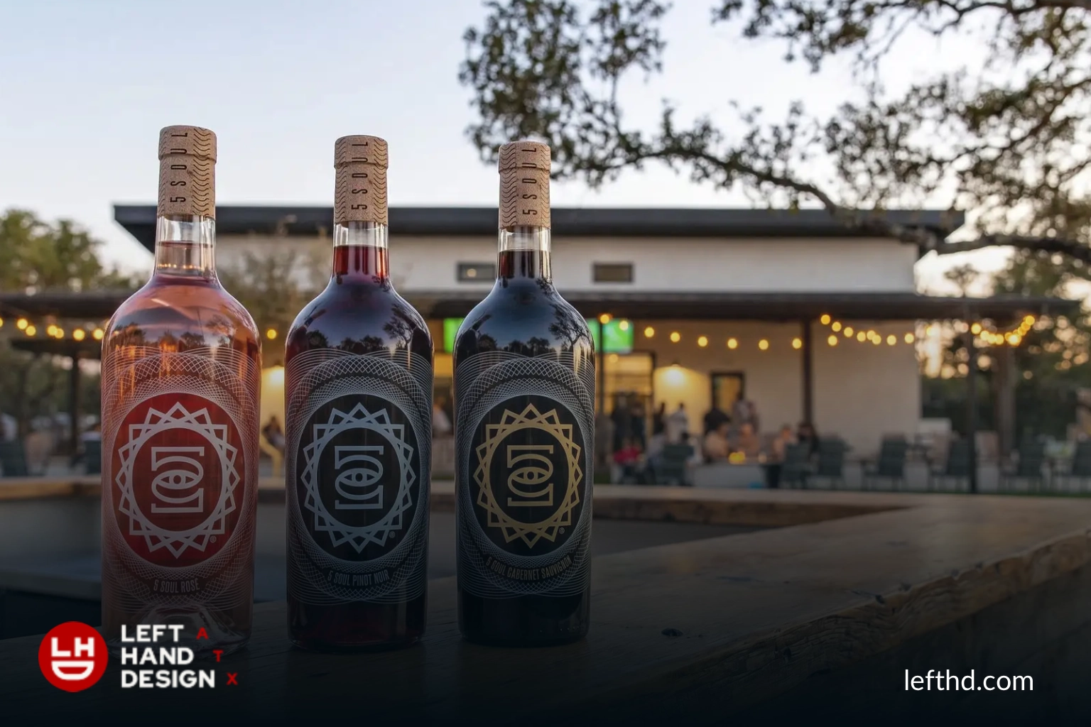 5 Soul Wine Co. identity applied to bottles in a real setting